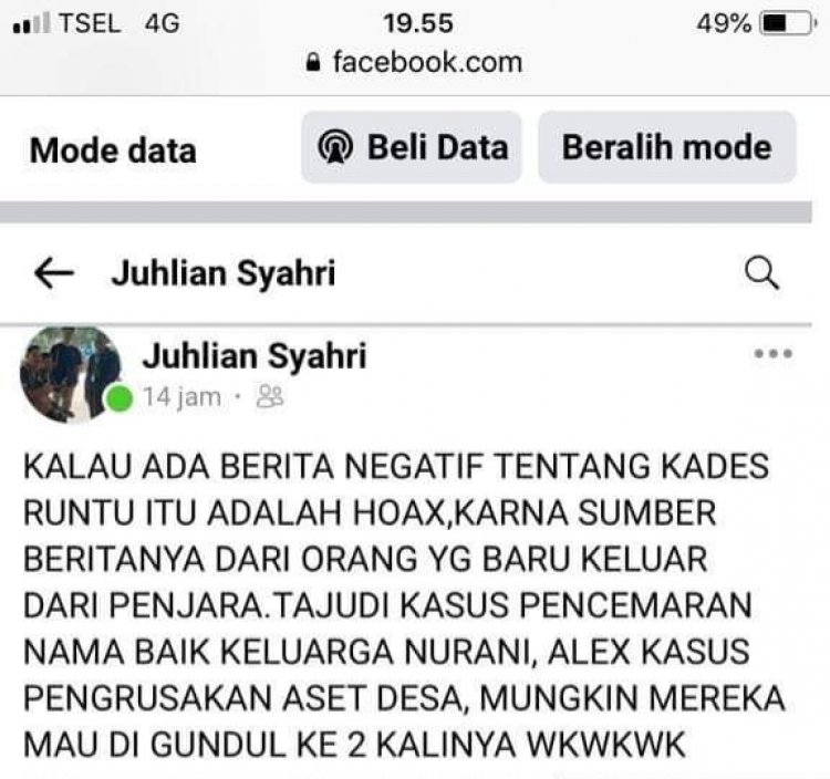 PIMPINAN REDAKSI MEDIA KABARITAH AKAN SOMASI PEMILIK AKUN FACEBOOK @JUHLIAN SYAHRI